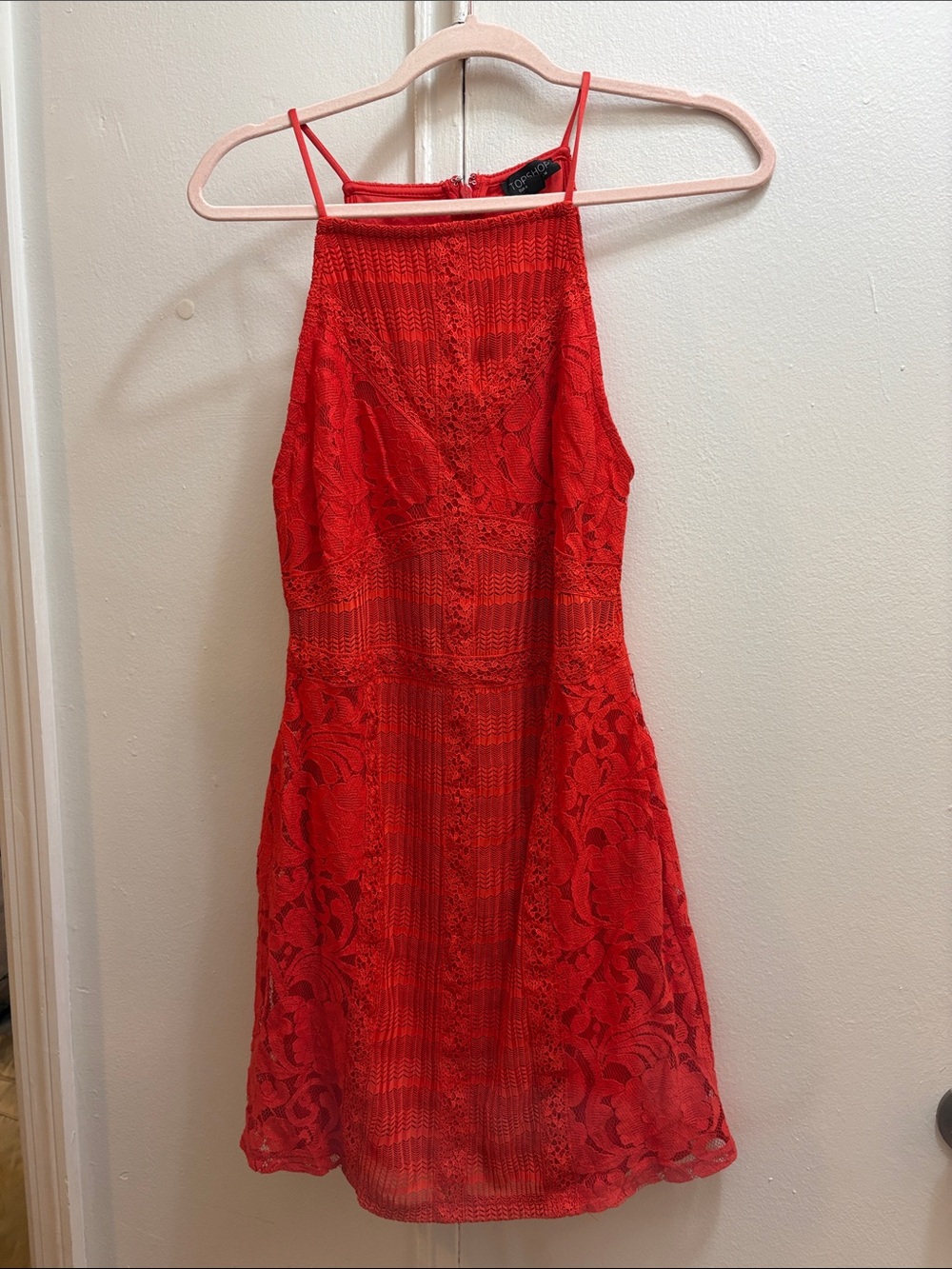 Topshop Red Lace Mini Dress with Halter Neck Size 10